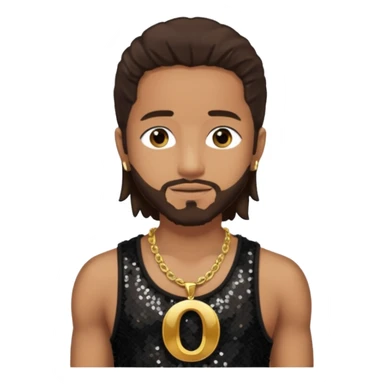 Omarion with long dark brown hair, dark brown sequin tank top, necklace with letter o sticker