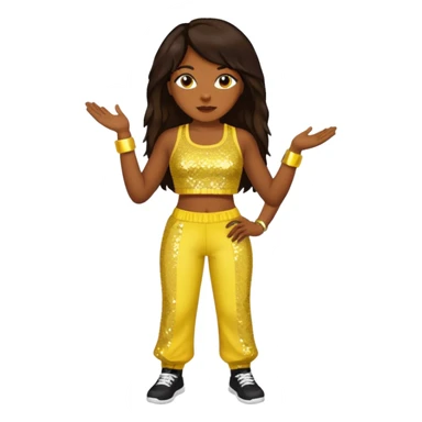 Chilli from TLC with long dark brown hair, yellow sequin crop top and pants, dark skin  sticker