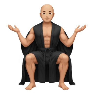 fullbody jacked bald guy, sleeveless and unbuttoned in full black robe sitting sticker