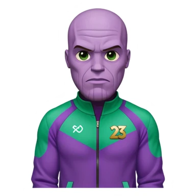 purple-skinned Thanos wearing a green Squid Game player tracksuit with number 230 sticker