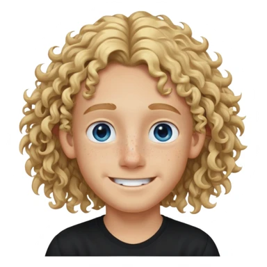 blonde boy with long curly hair past his ears, smiling, wearing a black shirt with freckles and blue eyes sticker