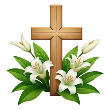 A wooden cross with white lilies around the bottom.. No lilies on the centre of the cross.  sticker