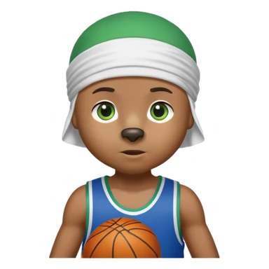 Brown bear with friendly expression and green eyes, white durag on head, blue basketball jersey visible up to shoulders, showing upper body, iOS emoji style sticker