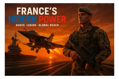 dramatic 8K scene of Rafale jet taking off from Charles de Gaulle carrier at sunset with orange glow, foreground featuring French Foreign Legionnaire in desert camo with futuristic weapon, bold tricolor text 'FRANCE’S HIDDEN POWER', subtext 'Nukes • Legion • Global Reach', epic cinematic composition sticker