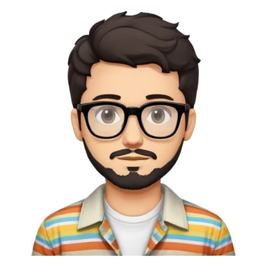 young adult man with light skin, short beard, dark wavy hair, relaxed expression, very wide rectangular glasses with thick black acetate frame and thick double bridge, retro oversized style, colorful open shirt and white t-shirt sticker