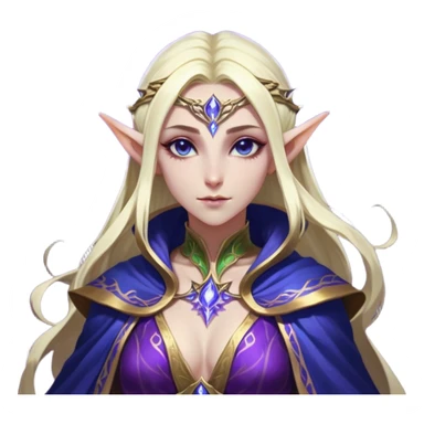 Cinematic Realistic WoW Elf Mage Portrait, head tilted epicly and inquisitively, showcasing a commanding presence and graceful arcane power. Her luminous, porcelain-like skin and delicate features, framed by an intricately detailed robe in deep blues and purples with golden accents, are rendered with lifelike clarity and dramatic, mystical lighting, high shine, epic and awe-inspiring, embodying the timeless magic of an elven mage poised to reshape destiny. sticker