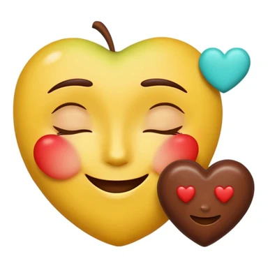 Apple-style emoji, happy closed eyes, gentle smile, yellow with gradient, flat cyan background, one red heart top right, two chocolate pieces replacing other hearts, glossy, rounded, realistic, clean, digital, smooth, Apple emoji style sticker