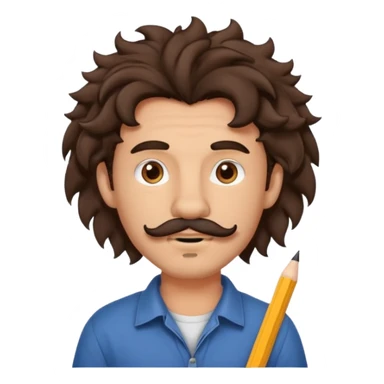 Make a cute guy with bouncy curly dark brown hair with a disconnected goatee and medium skin with a thin parted pencil mustache and lion ears sticker