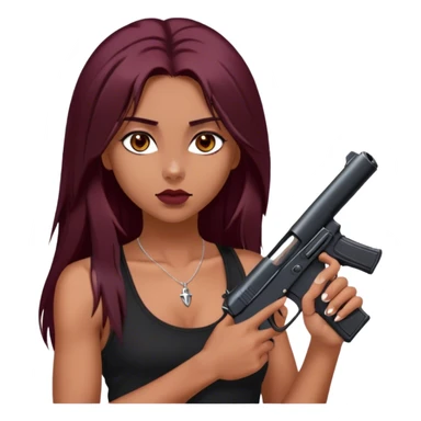 emoji of girl with black gun in hand with a black tank top gorgeous girl y2k with maroon dark long hair in a middle part with straight nose hazel eyes medium perfect eye brows with  a nose ring silver on the right nostril  sticker