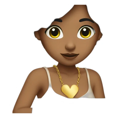 a girl with shoulder length black hair, big ears, green eyes, and a gold heart necklace working on a laptop sticker
