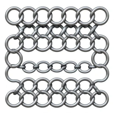 3D render of Screen Door Fragment, made of interlocking chainmail metal rings, wire mesh texture, visible holes and negative space, metallic silver and grey, high contrast shadows, emoji style, isolated on white background --v 6.0. sticker