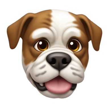 The image shows a cartoon-style dog head, resembling a bulldog. It has white fur with large brown patches, especially on the right side of the head and the ears. The dog has big, expressive brown eyes, a black nose, and a slightly protruding tongue.  sticker