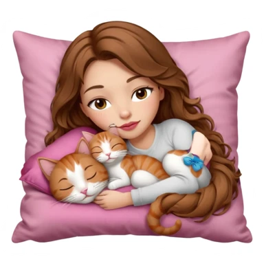girl with long wavy brown hair, brown eyes, long lashes makeup, sexy pink lips, light to medium complexion,  sleeping on a cozy pillow, with 6 cats: 1 brown tabby cat, 1 ginger and white cat, 2 grey and white cats, 1 grey with white mittens and small white patch on chest cat and 1 calico cat sticker