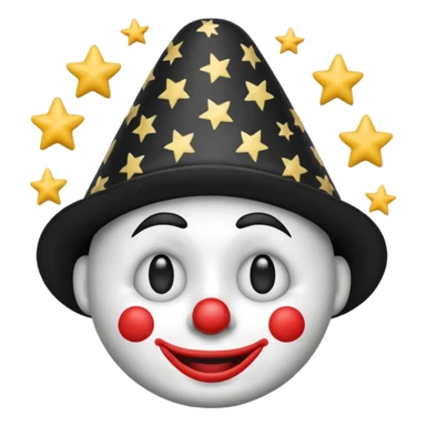 Crie um emoji com um chapéu de palhaço em preto e branco e com estrelinhas na cabeça como se o emoji estivesse tonto sticker