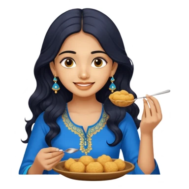 a pretty tan indian bratz girl with wavy long BLACK hair. eyeliner on, wearing a blue kurti, eating golgappa. NO SPOON sticker