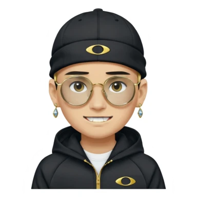 un emoji de un chico emcapuchado blanco, con gorro kalenji, dientes de oro, com uma chaqueta negra nike tech y unas gafas de oakley, con pendientes de diamante, que las gafas sean estilo cuadradas, los pendientes q no se cuelguen, que sean redondos, en las dos cejas un corte sticker