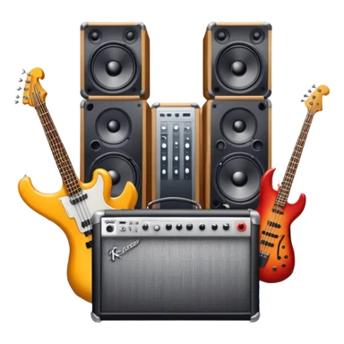 Icon for R&B Music Listening: large concert speakers with waves of musical notes coming out, along with a bass guitar, drum kit, and synthesizer. The icon should convey the energetic and rhythmic vibe of R&B music. Transparent background. sticker