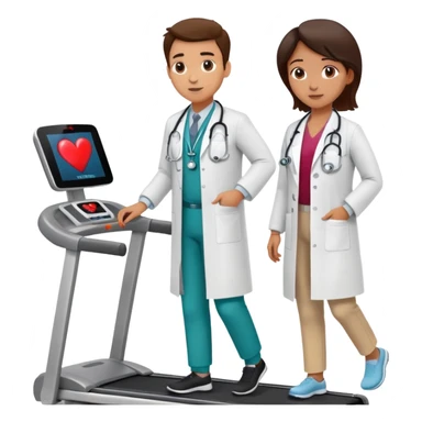 patient on a treadmill with a heart monitor, and a doctor standing nearby supervising, not running sticker