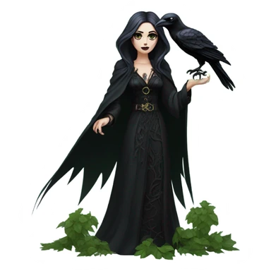 the morrigan goth woman version vines style furr robe stylish boots, perfect eyes, raven on hand, green vines decor on ground sticker
