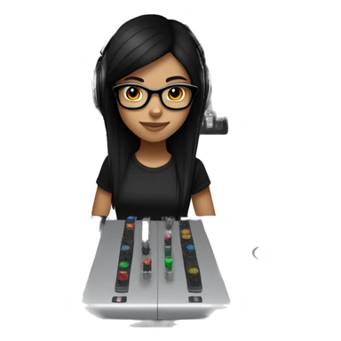 Fair skinned girl with brown eyes and long straight black hair with a black t shirt with glasses on with headphones on mixing on a dj mixer sticker