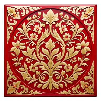 Wood painting icon, intricate traditional Russian Palekh or Khokhloma patterns painted on wooden surface, vivid red, gold, and black colors, visible paintbrush with fine details, no finished artwork, just the process of painting, minimalistic style, clean lines, transparent background. sticker