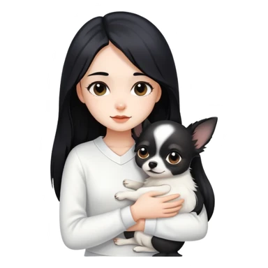 A girl with fair skin, long black hair, and white clothes, gently and tightly hugs a black Chihuahua sticker