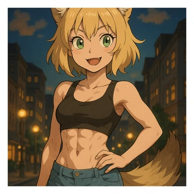 anime style furry girl with wolf ears and tail, short blonde hair, shining green eyes, hourglass figure, attractive abs, soft skin, evening city background, playful expression, ghibli style sticker
