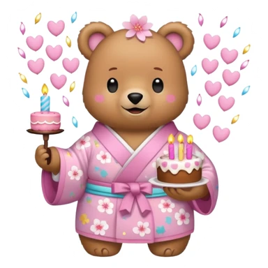 A cute light-brown bear wearing a pastel pink sakura-patterned kimono, normal balanced body ratio.  
Holding a small birthday cake with candles, smiling brightly with confetti and spark effects around.  
Kawaii emoji style, minimalistic clean sticker illustration, white background. sticker