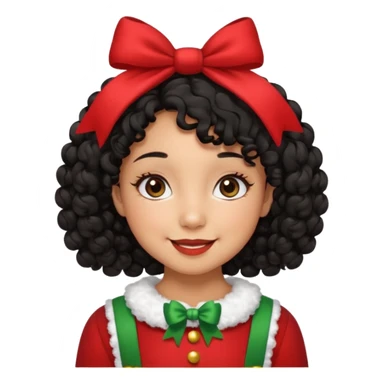 cute girl tan skin, curly black hair chin length, middle part, long eyelashes, cute cheeks, 5'2, outfit croquette style with bows and christmas theme, smiling,  no bangs sticker