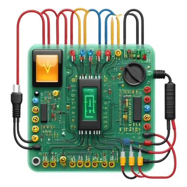 An icon featuring circuit boards, glowing wires, and a multimeter, symbolizing electrical engineering. The design includes voltage symbols and electric currents flowing through components, representing the study and application of electricity. Transparent background sticker
