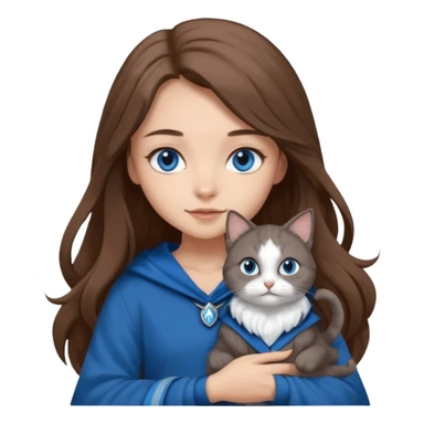 gorgeous Girl with light skin, blue eyes, long brown hair, wears a ravenclaw outfit, with a grey and white cat holding in her arms sticker