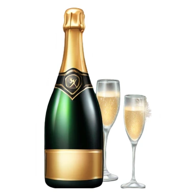 Realistic sparkling diamond glam black bottle of New Years champagne with glass next to it filled withchampagne with two lit sparkler fireworks in the glass with the champagne  sticker