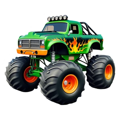 Grave Digger - Monster Jam (Model Year: 2022) (Iconic colour: Green with flames) - A legendary monster truck with a fearsome design: predominantly deep green with dynamic, vibrant flame graphics in bright orange and yellow. Highlight its rough, edgy bodywork and an aura of untamed rebellion. sticker