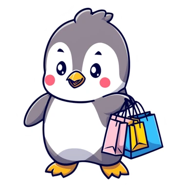 kawaii baby penguin at a shopping mall with shopping bags sticker