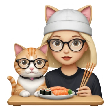 cute girl cat with really big square glasses with super thin frames eating sushi with a boy cat wearing a san antonio spurs cap sticker