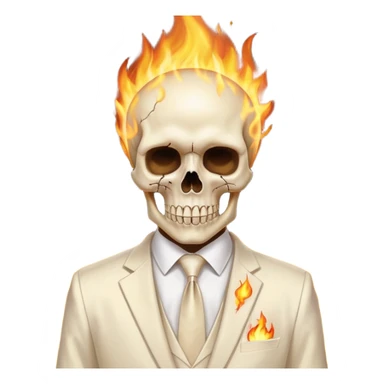 cinematic - aesthetic shiny glowing lighting - Megadeth icon - a politician in an ivory ethereal suit wears a white tie, has a skull instead of a head, and instead of glasses, burns in fire sticker