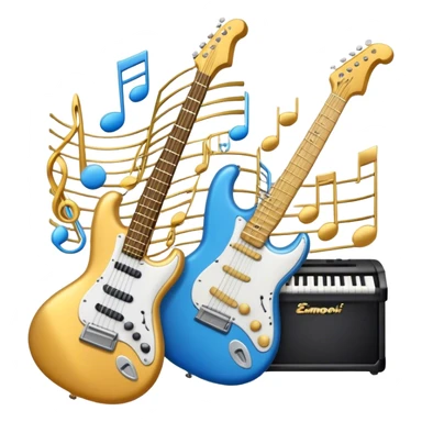Create an elegant and dynamic emoji that represents music arrangement and orchestration. The design should feature musical notes, a synthesizer, drums, and an electric guitar, symbolizing the diverse instruments used in arranging and orchestrating music. Incorporate flowing lines to represent harmony and rhythm, with a subtle representation of sheet music. Use a combination of vibrant and classic colors like electric blue, gold, and silver, blending the electronic and traditional aspects of arrangement. The background should be transparent. sticker
