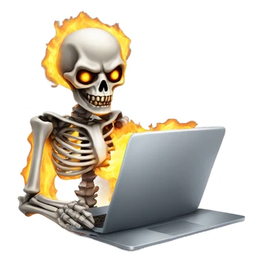 Metal skeleton with flaming eyes eating a laptop sticker