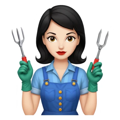 I like it! Can you make her dark haired? Rockabilly vibes are good. I like the third one and last most. Could you leave the screwdrivers? She's more like the organised one. Perhaps give her washing gloves or something. Or gardening gloves. sticker