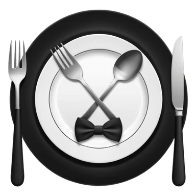 Minimalistic flat vector icon, iOS style, thin black contour on white background. Fork and knife crossed on a plate with a small bow tie above. Clean, no text, no shadows sticker