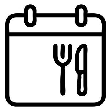 minimalistic bold black-and-white icon, square, flat, no gradients, calendar with a fork and knife in the top right corner inside, clean geometric lines, modern, inspired by Netflix and Lifesum, vector style, suitable for dark and light mode sticker