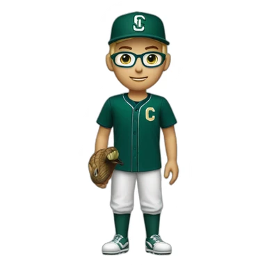 Blonde male short hair with glasses Dark green baseball uniform with hat Blue eyes a cobra snake logo with "C". waist up with a macbook behind the shoulder sticker