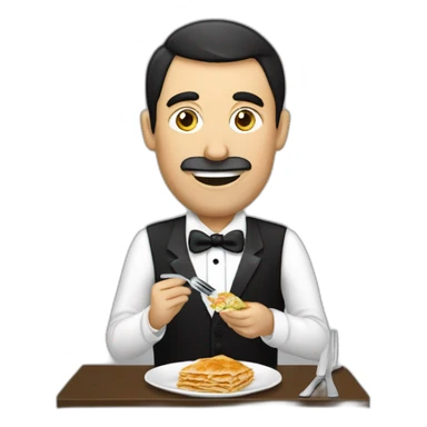 Man eating bosnian meal called Burek with fork and knife while wearing a tuxedo sticker