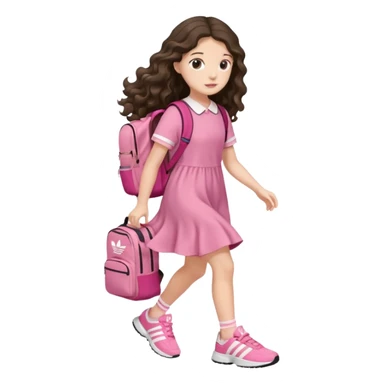 aestethic brunette very,very,very long wavy hair walking with a school backpack, with a cute pink dress, adidas shoes sticker