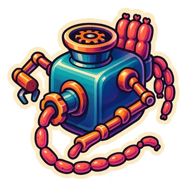 sausage-processing droid. retro-futuristic style. top is a circular industrial hole rotating gears and blades. Two robotic arms feed material into grinder. Sausage links extrude from the rear like  factory. The body is metallic, compact, and floats above the ground.no legs. Dark humor sticker