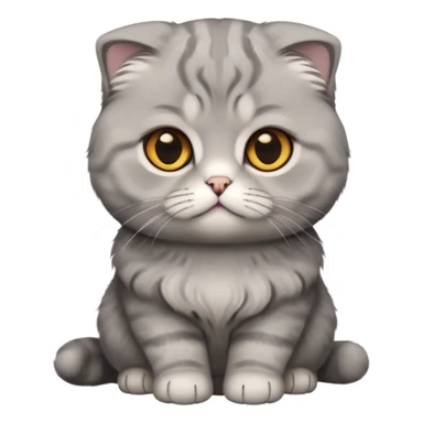 Cinematic-Fluffy-Grey-Scottish-Fold-Cat-Portrait-Emoji – Head tilted cutely with big, sparkling amber eyes, soft solid grey fur, and signature small folded ears pressed gently against its round head, simplified yet irresistibly adorable features, highly detailed, glowing with a soft and warm charm. sticker