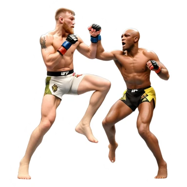 An MMA showdown between Conor McGregor and Anderson Silva in the octagon. McGregor is executing a jumping strike, while Silva skillfully deflects the attack. The background shows the UFC octagon with roaring fans and vibrant energy. Transparent background. sticker