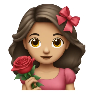 Brunette girl holding roses with a bow sticker