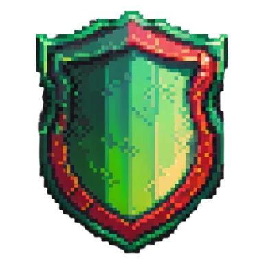Member badge with a shield shape and green to red gradient background with pixel art details sticker
