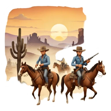 Icon for Western: A vintage movie poster-style design with cowboys on horseback, dusty desert landscape, and a setting sun. Include cowboy hats, revolvers, and an old saloon. The design should have bold typography and a retro cinematic feel. Transparent background. sticker